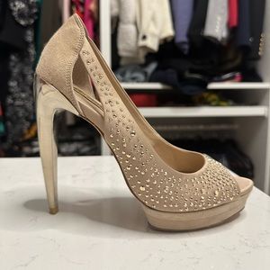 BCBG rose gold satin and suede peep-toe heels